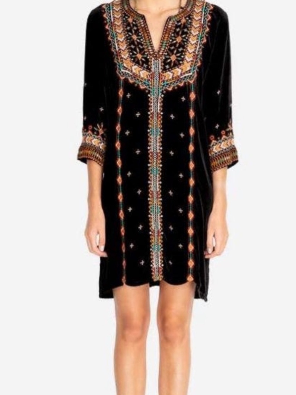 Johnny Was M Black Chiri Velvet Kaftan Dress Boho Embroidery Silk Blend